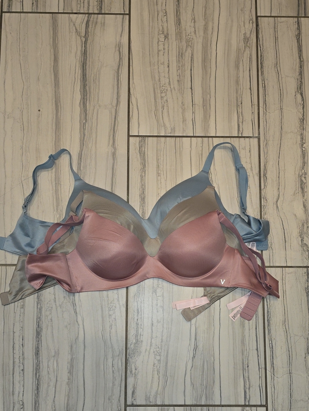 Victoria's Secret Satin Molded Bra Trio in Dusty Rose, Sky Blue, and Champagne
